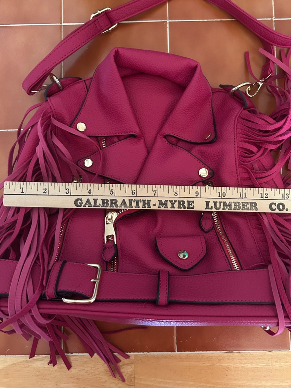 Pink Fringe Motorcycle Jacket Purse Bag Gold Tone Hardware - Picture 7 of 12